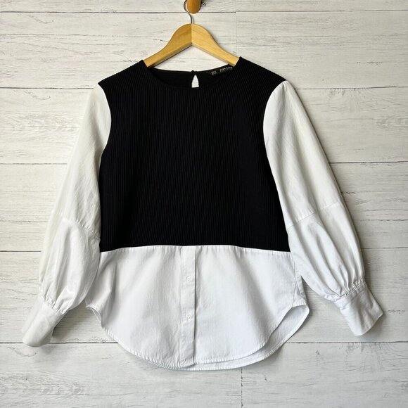 Zara Blouse Womens Size XS Two Tone Black and White Contrast Poplin Top Preppy - Picture 1 of 16